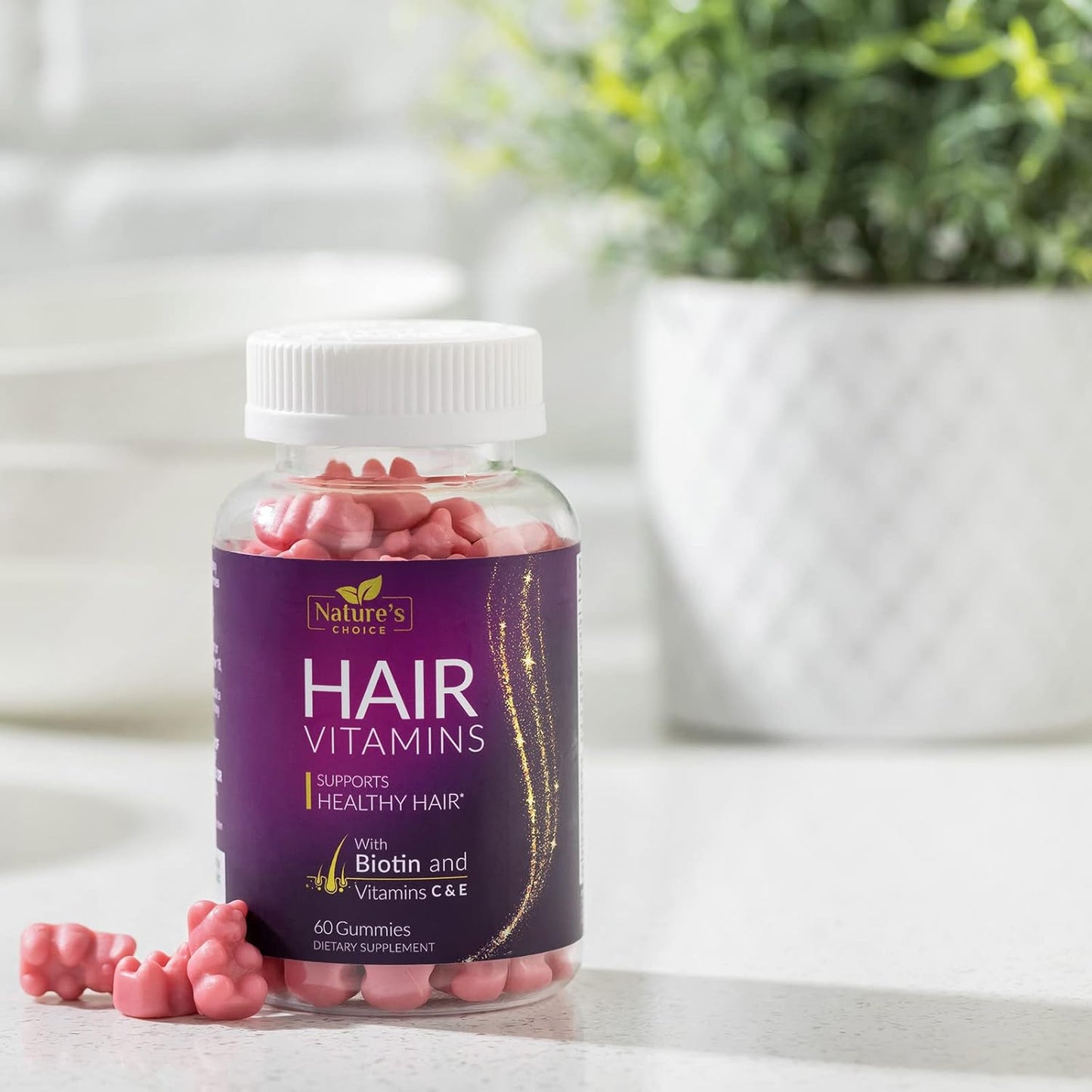 Premium Nature's Choice Biotin Gummies 5000 mcg for Hair Growth & Skin - 60 Vegetarian Gummy Bears with Vitamin E & C, Non-GMO Hair Vitamins Supplement