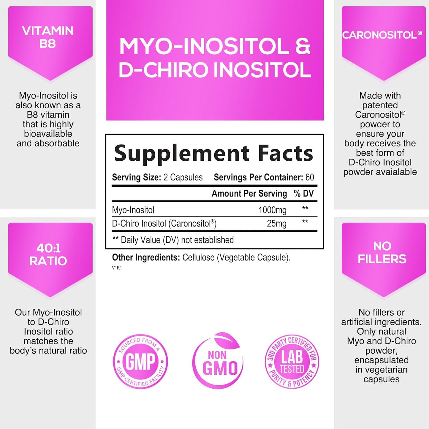 Premium Nature's Glow Myo-Inositol & D-Chiro Inositol Supplement - 40:1 Ratio for Natural Balance & Ovarian Health - 120 Capsules