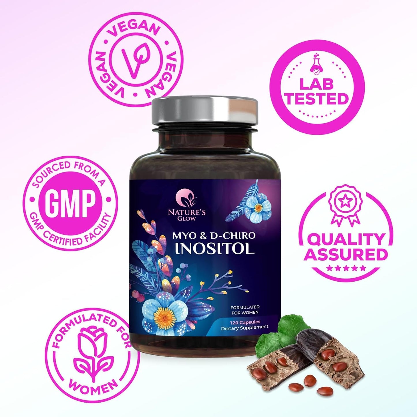 Premium Nature's Glow Myo-Inositol & D-Chiro Inositol Supplement - 40:1 Ratio for Natural Balance & Ovarian Health - 120 Capsules