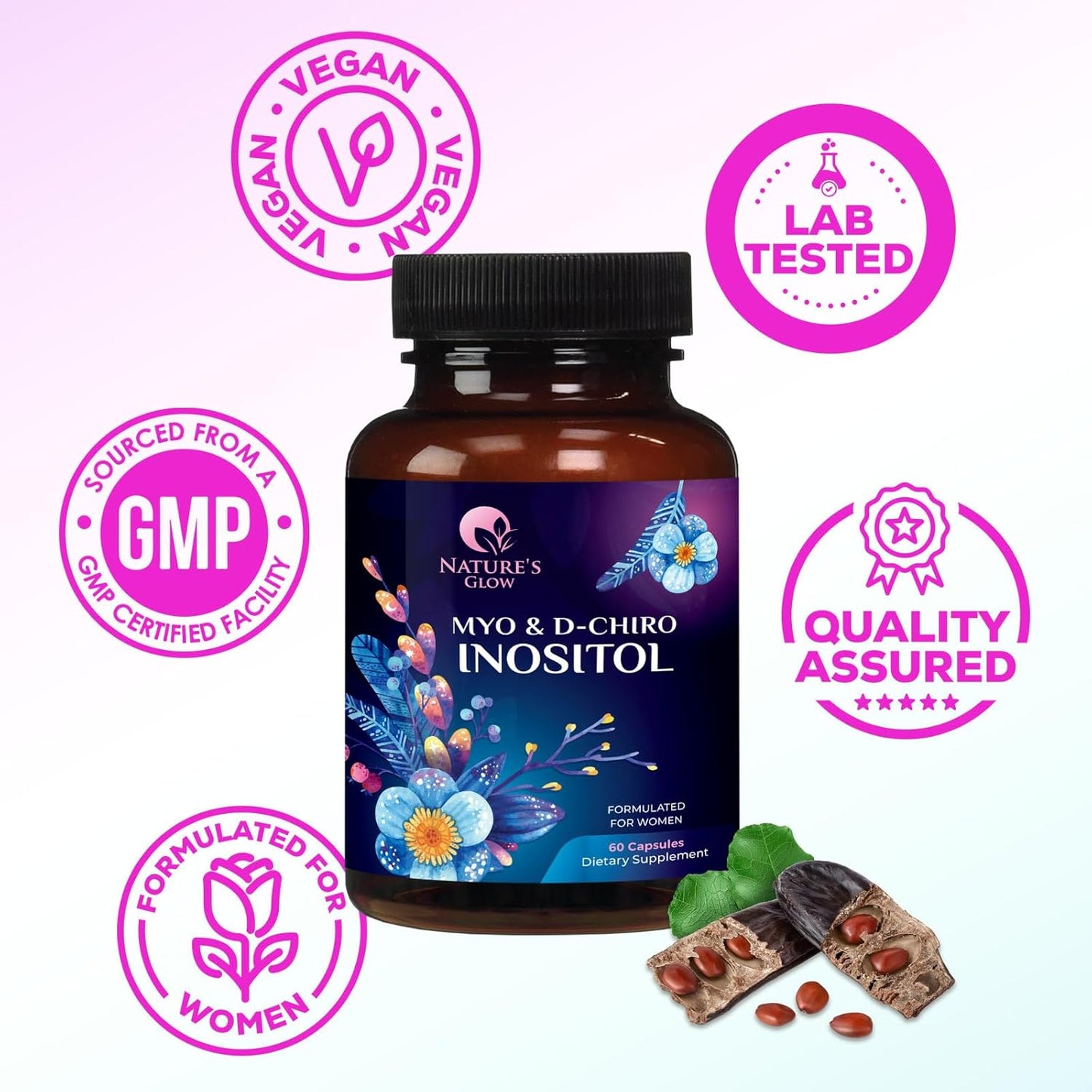 Premium Nature's Glow Myo Inositol & D Chiro Inositol Supplement - 40:1 Ratio for Natural Balance & Ovarian Health Support - 60 Capsules
