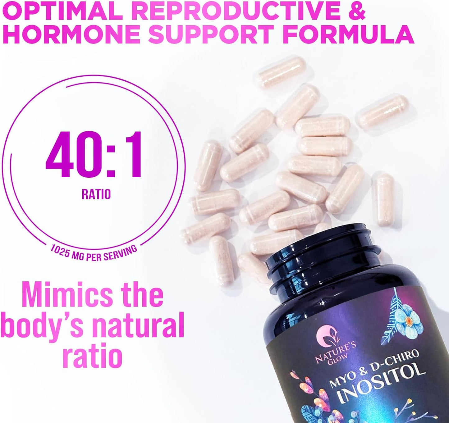 Premium Nature's Glow Myo-Inositol & D-Chiro Inositol Supplement - 40:1 Ratio for Natural Balance & Ovarian Health - 120 Capsules