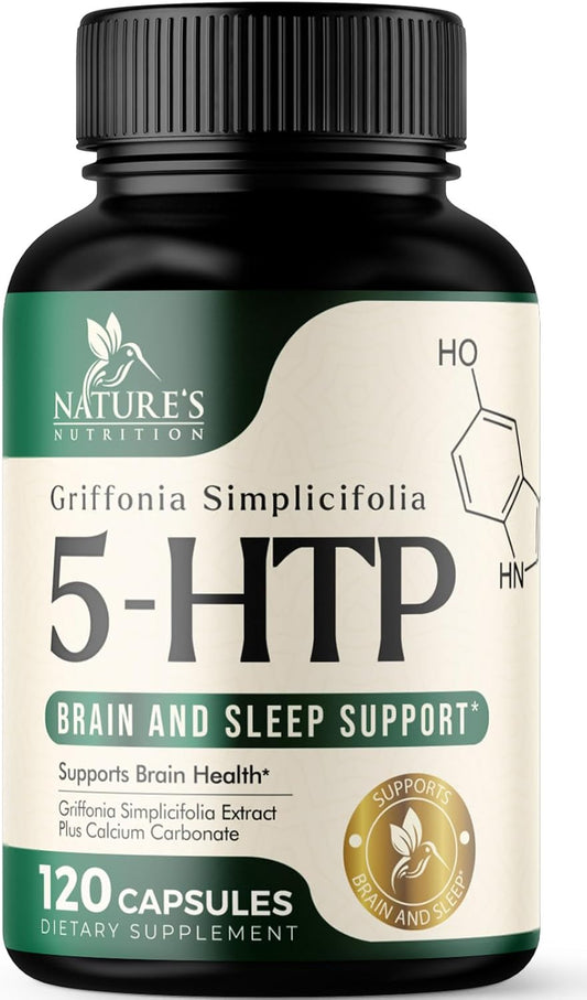 Premium Nature's Nutrition 5HTP Supplement Capsules - 200mg Extra Strength Formula with Calcium for Brain & Calm Support - Gluten Free - 120 Vegetarian Capsules