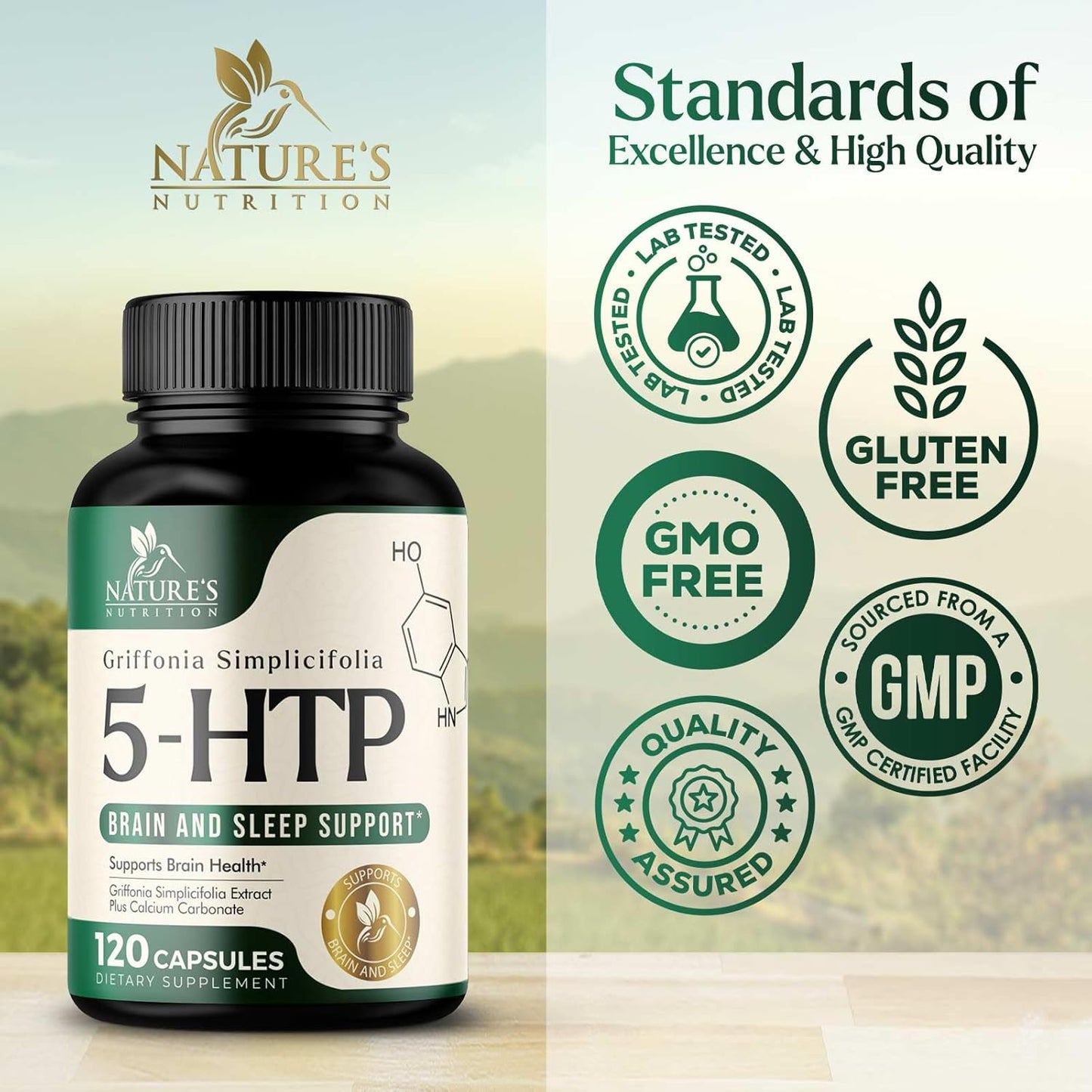 Premium Nature's Nutrition 5HTP Supplement Capsules - 200mg Extra Strength Formula with Calcium for Brain & Calm Support - Gluten Free - 120 Vegetarian Capsules