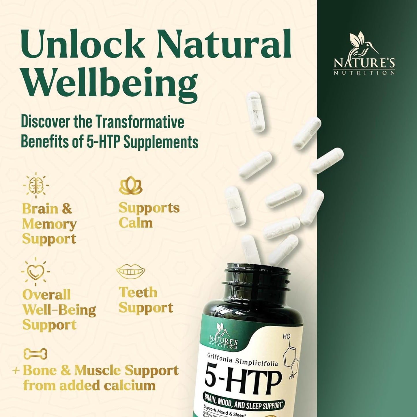 Premium Nature's Nutrition 5HTP Supplement Capsules - 200mg Extra Strength Formula with Calcium for Brain & Calm Support - Gluten Free - 120 Vegetarian Capsules