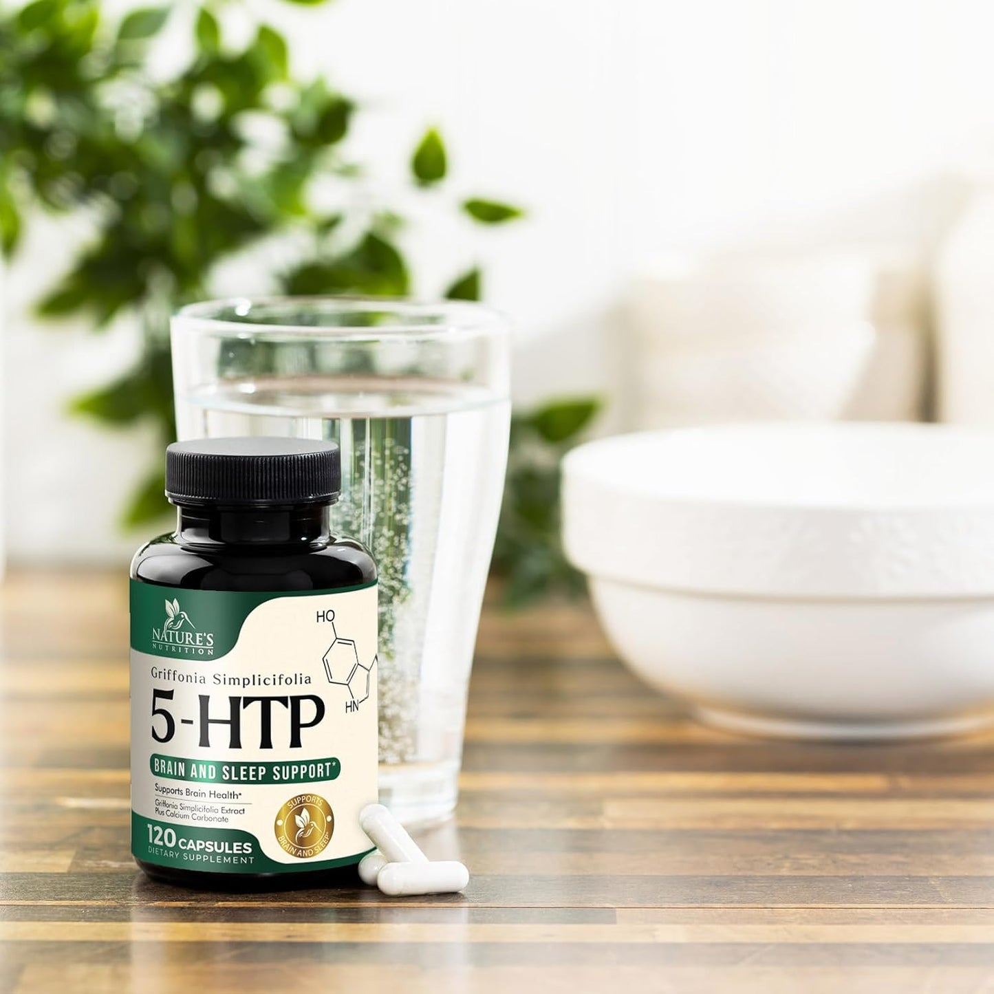 Premium Nature's Nutrition 5HTP Supplement Capsules - 200mg Extra Strength Formula with Calcium for Brain & Calm Support - Gluten Free - 120 Vegetarian Capsules