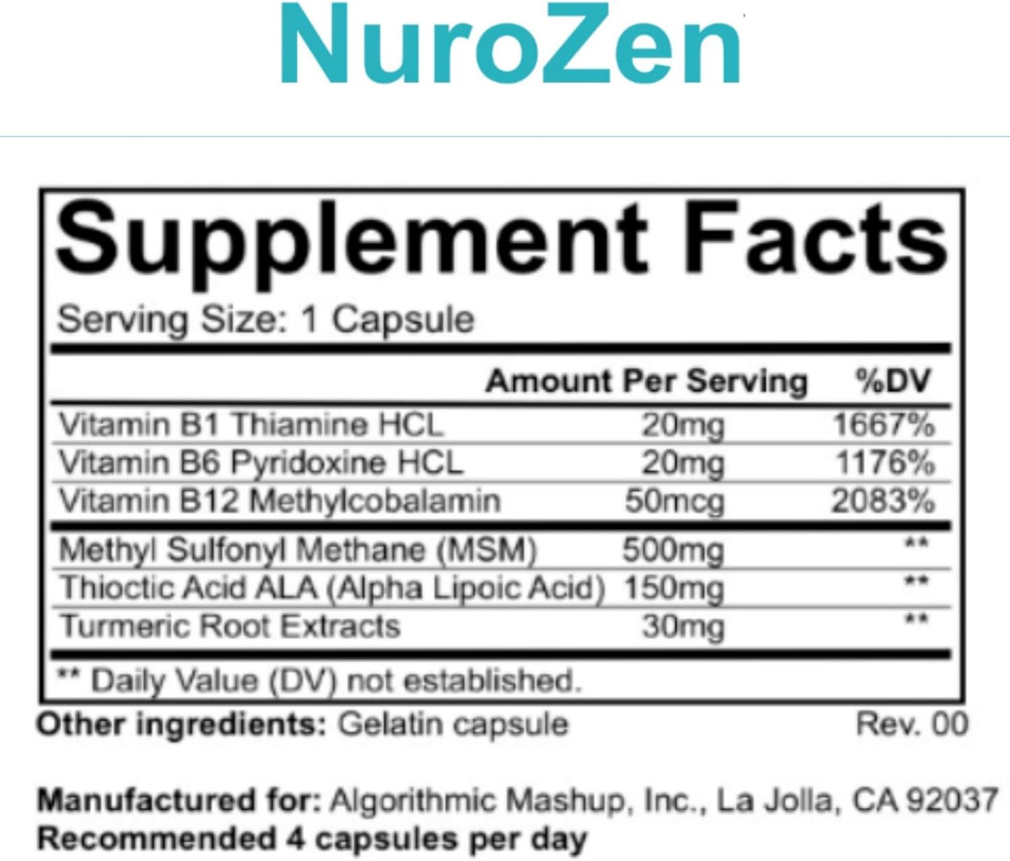 Premium Nerve Support Supplement with MSM, Alpha Lipoic Acid, B Vitamins & Turmeric - 120 Count, Made in USA