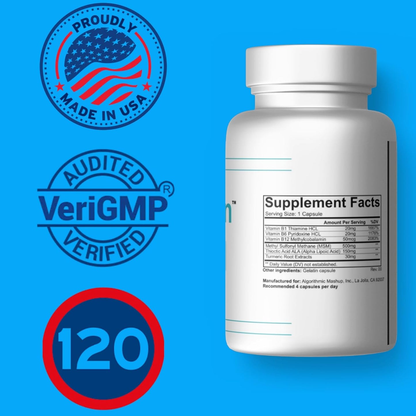Premium Nerve Support Supplement with MSM, Alpha Lipoic Acid, B Vitamins & Turmeric - 120 Count, Made in USA