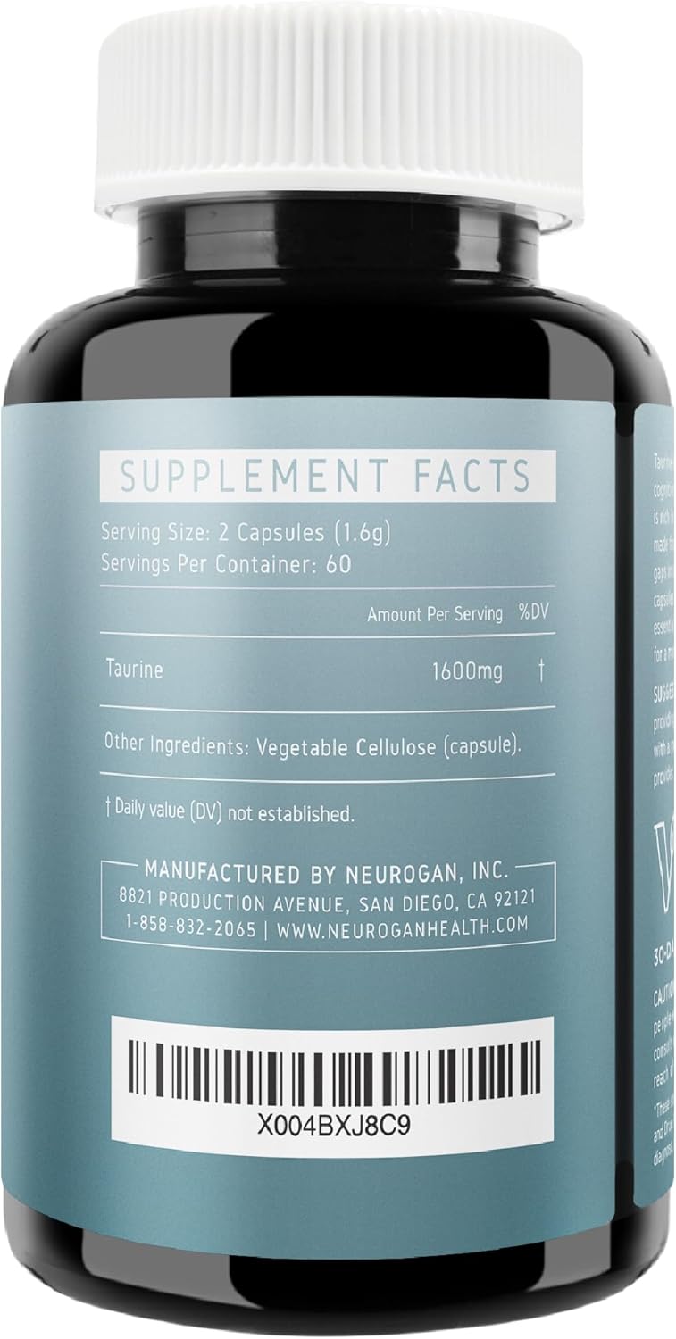 Premium Neurogan Taurine Capsules for Heart, Liver, and Brain Health - 1600mg Per Serving, 120 Vegan Capsules - Supports Longevity and Muscle Function