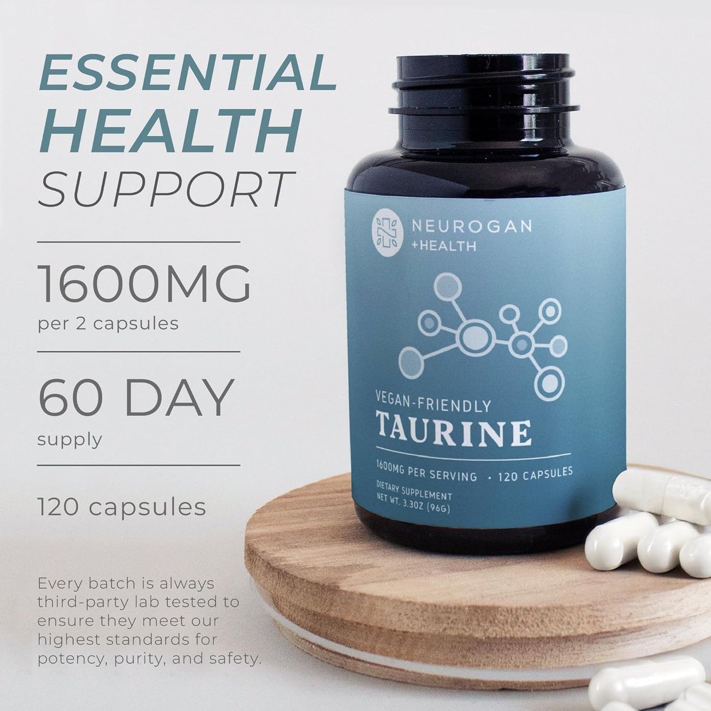 Premium Neurogan Taurine Capsules for Heart, Liver, and Brain Health - 1600mg Per Serving, 120 Vegan Capsules - Supports Longevity and Muscle Function