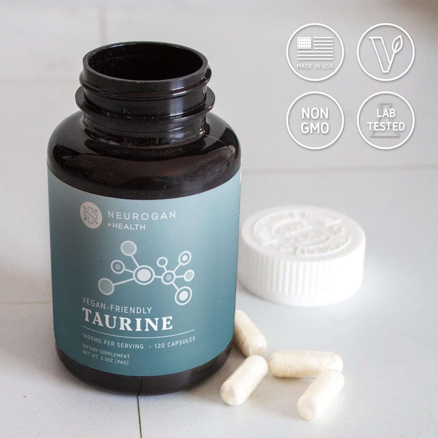 Premium Neurogan Taurine Capsules for Heart, Liver, and Brain Health - 1600mg Per Serving, 120 Vegan Capsules - Supports Longevity and Muscle Function