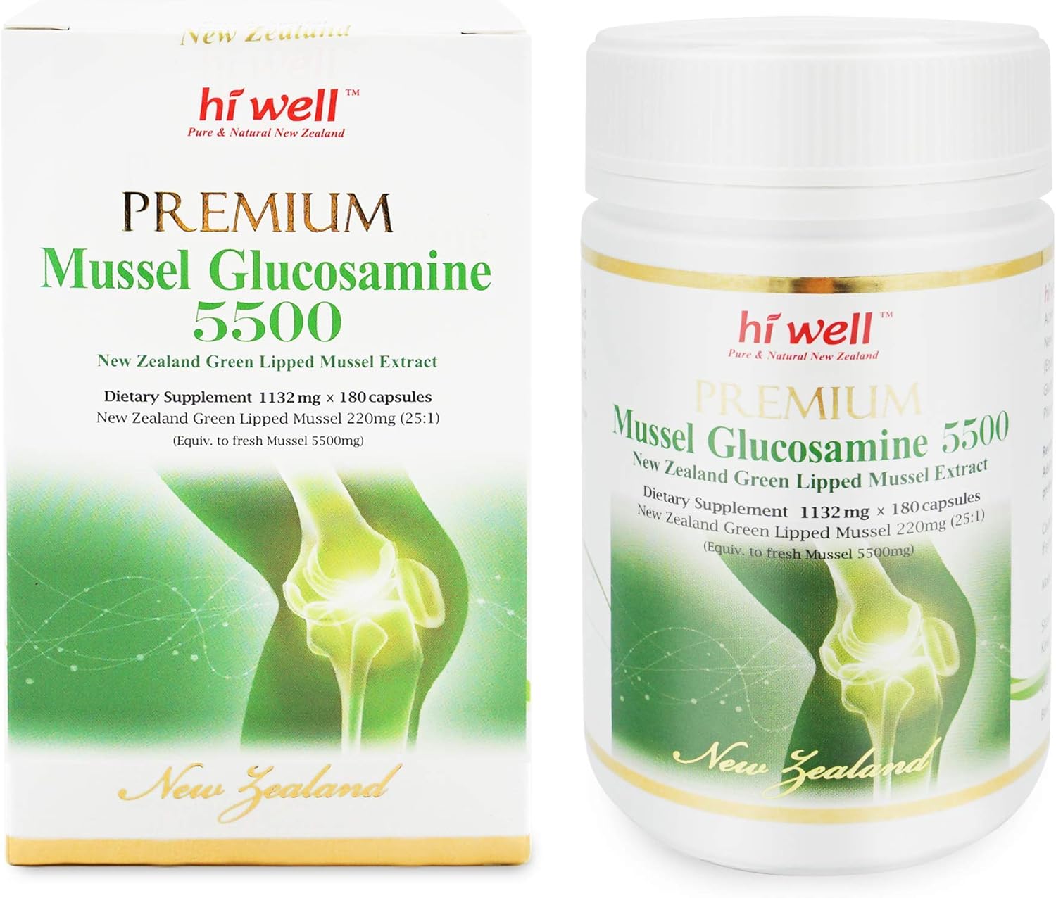 Premium New Zealand Hi Well Mussel Glucosamine 5500 Capsules - Natural & Pure Supplement