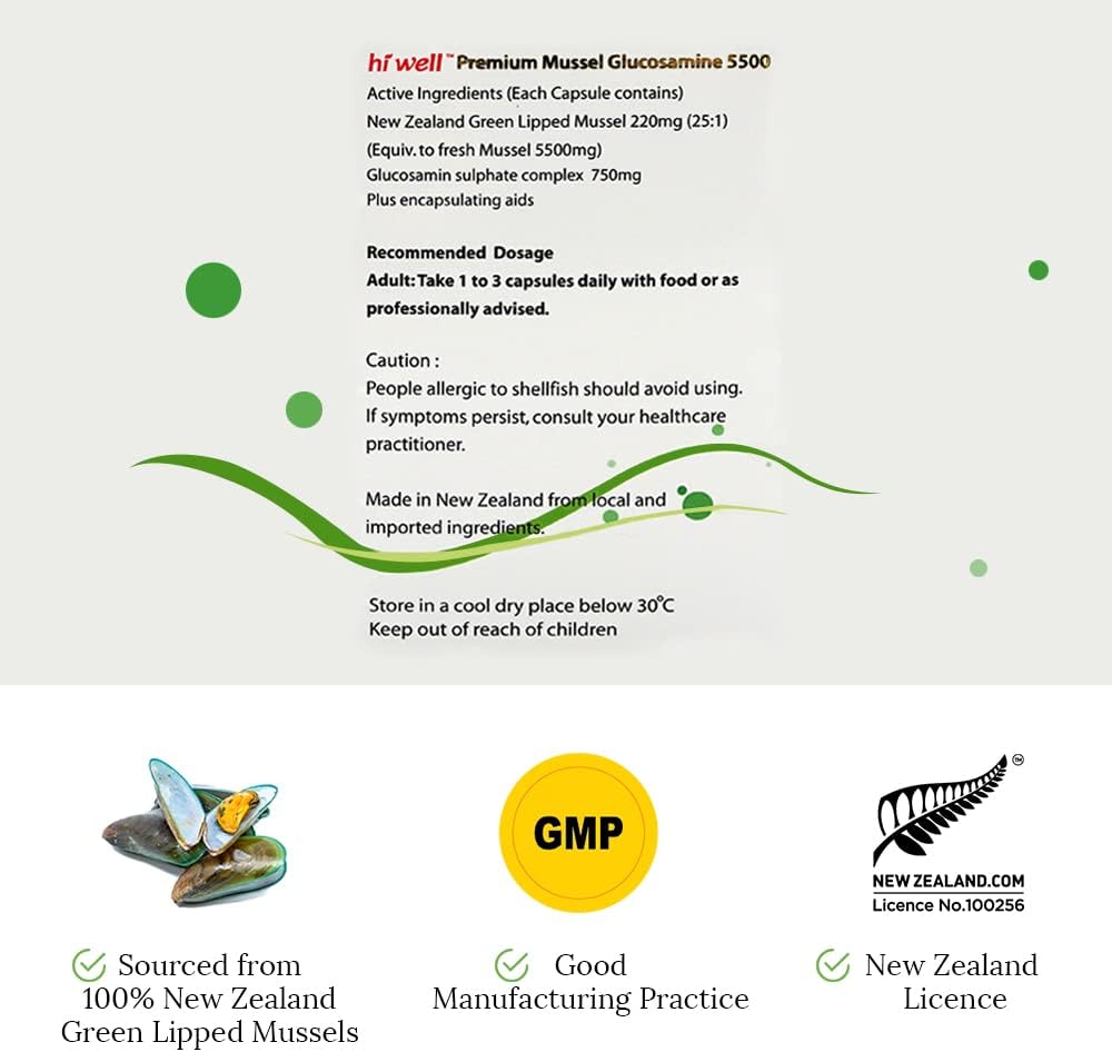Premium New Zealand Hi Well Mussel Glucosamine 5500 Capsules - Natural & Pure Supplement