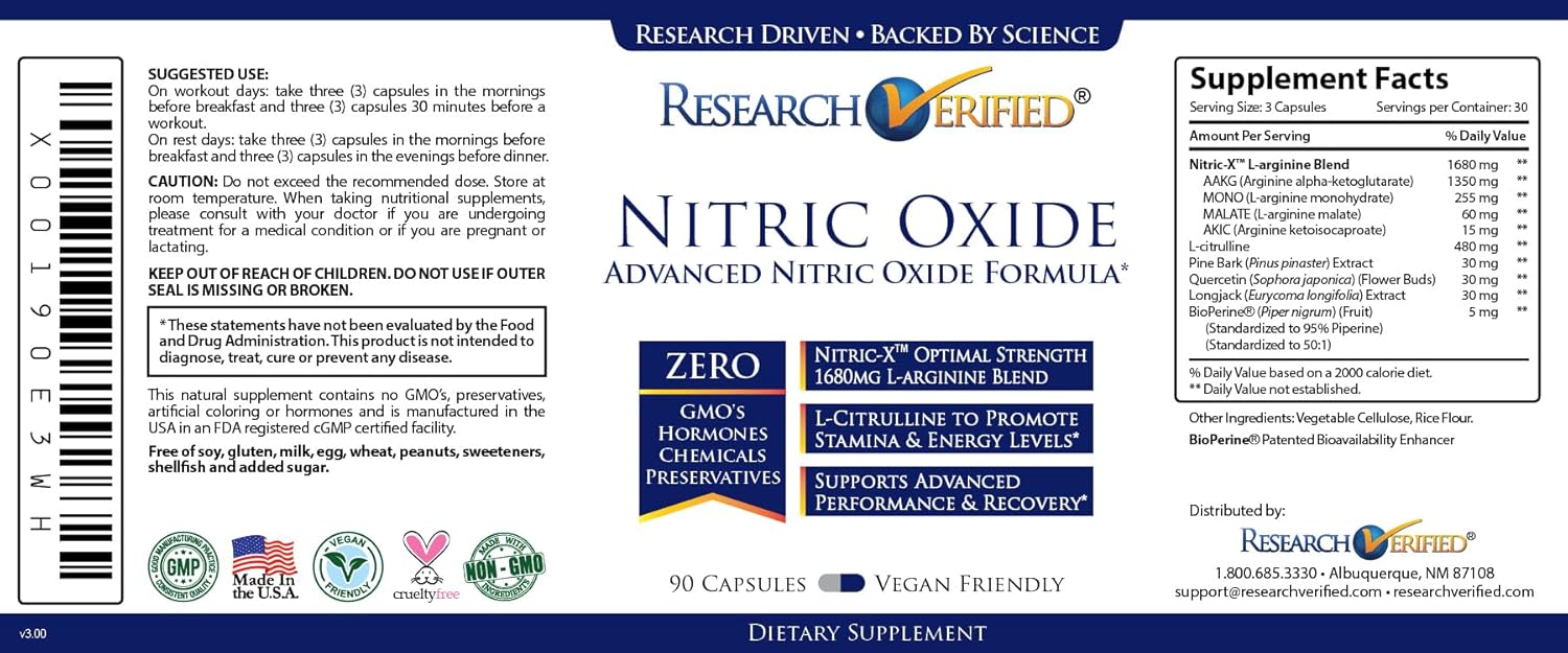 Premium Nitric Oxide Booster with L-Arginine and L-Citrulline - Research Verified - 2 Bottles, 90 Day Supply