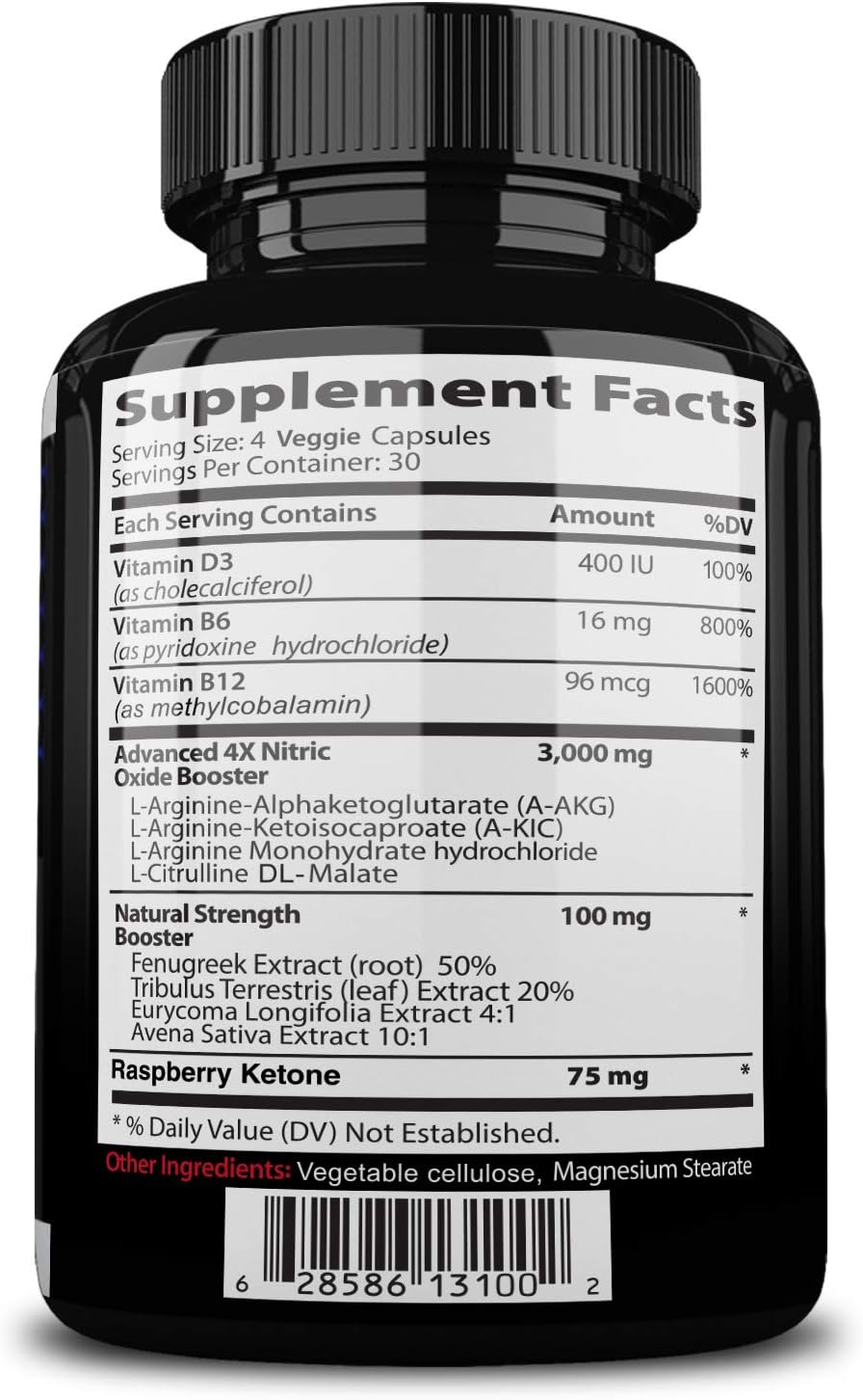 Premium Nitric Oxide Pre Workout Supplement - 120 Capsules - Boost Muscle Growth & Blood Flow - L-Arginine & L-Citrulline Formula