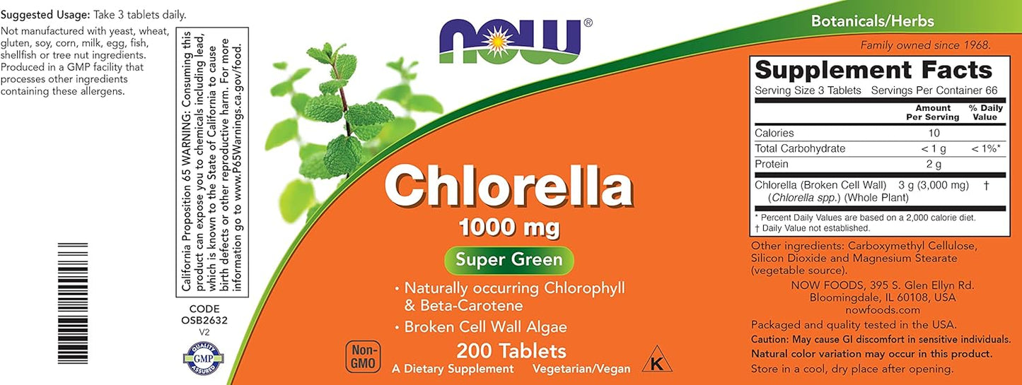 Premium Non-GMO Chlorella Tablets 1000mg - Green Superfood Supplement - 200 Tabs by NOW Foods
