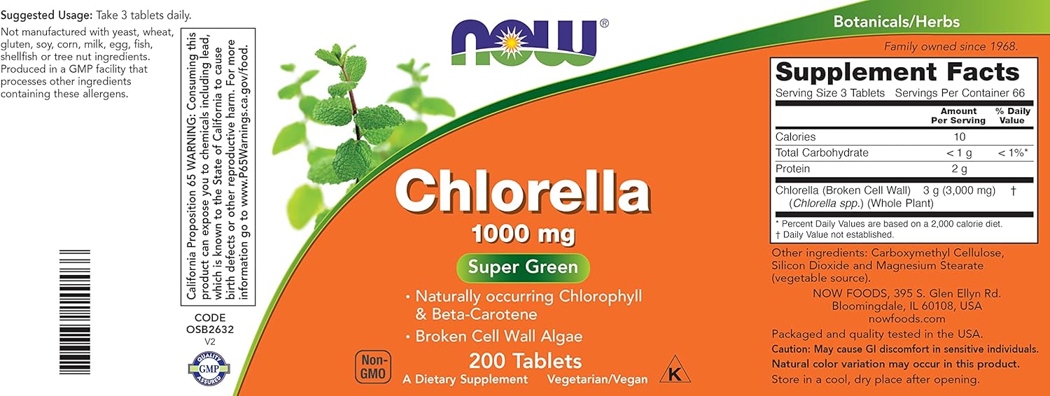 Premium Non-GMO Chlorella Tablets 1000mg - Green Superfood Supplement - 200 Tabs by NOW Foods