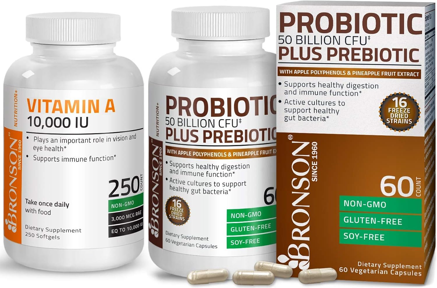 Premium Non-GMO Probiotic 50 Billion CFU with Prebiotic, Apple Polyphenols, Pineapple Fruit Extract, and Vitamin A 10,000 IU