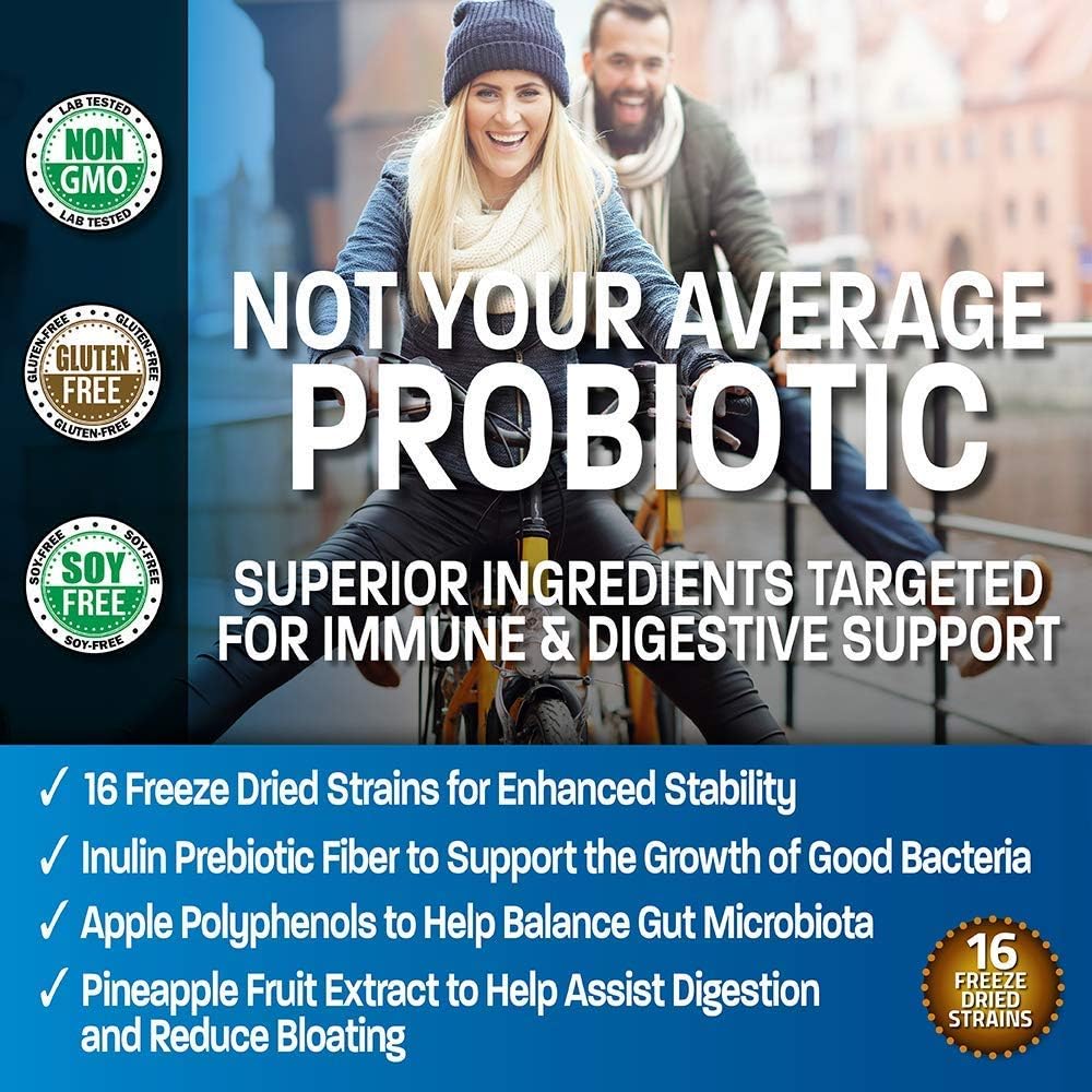 Premium Non-GMO Probiotic 50 Billion CFU with Prebiotic, Apple Polyphenols, Pineapple Fruit Extract, and Vitamin A 10,000 IU