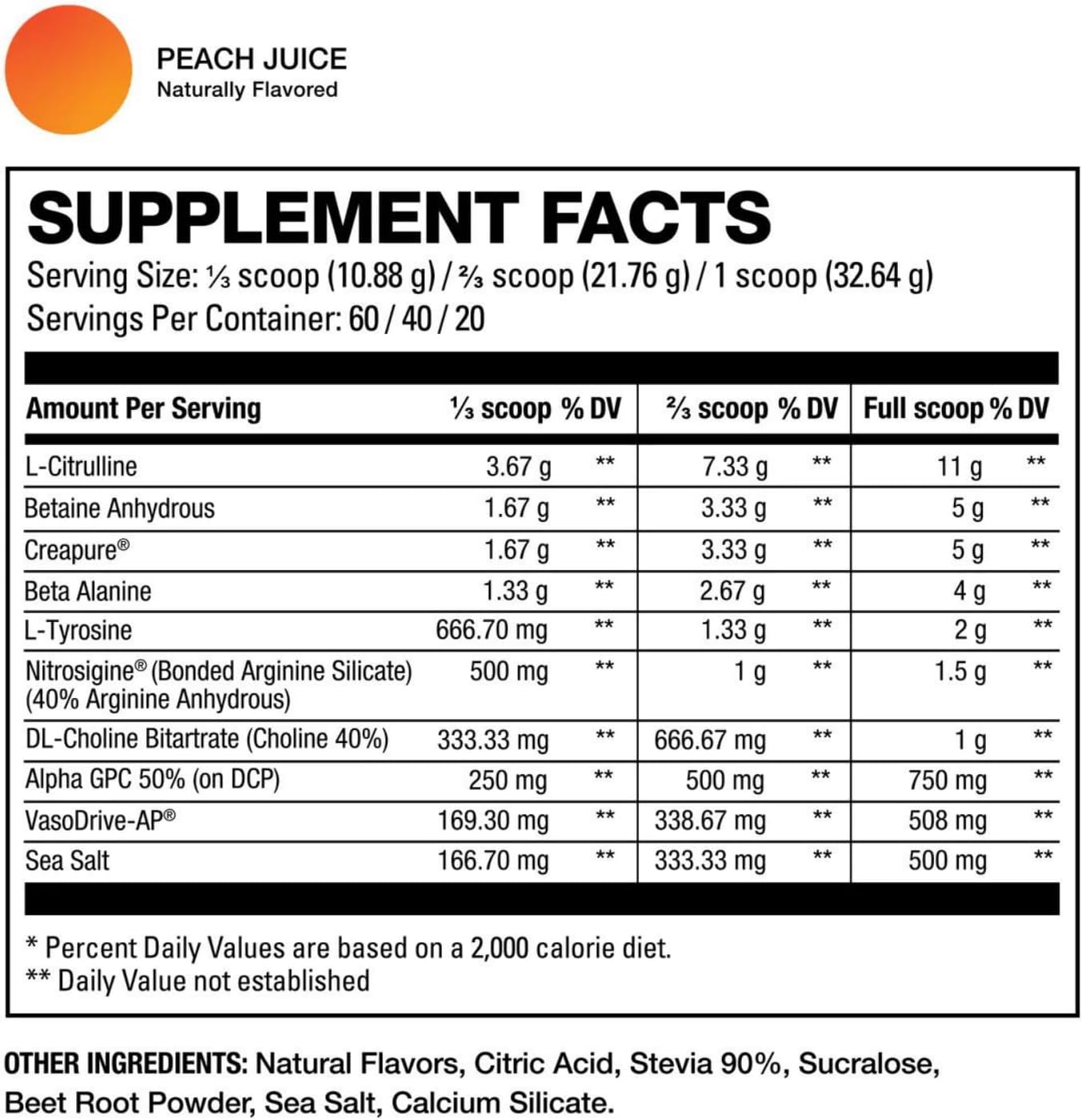 Premium Non-Stimulant Pre-Workout Supplement with Citrulline, Beta Alanine, Creatine, VasoDrive-AP, Alpha GPC - Peach Juice Flavor - 60/40/20 Servings