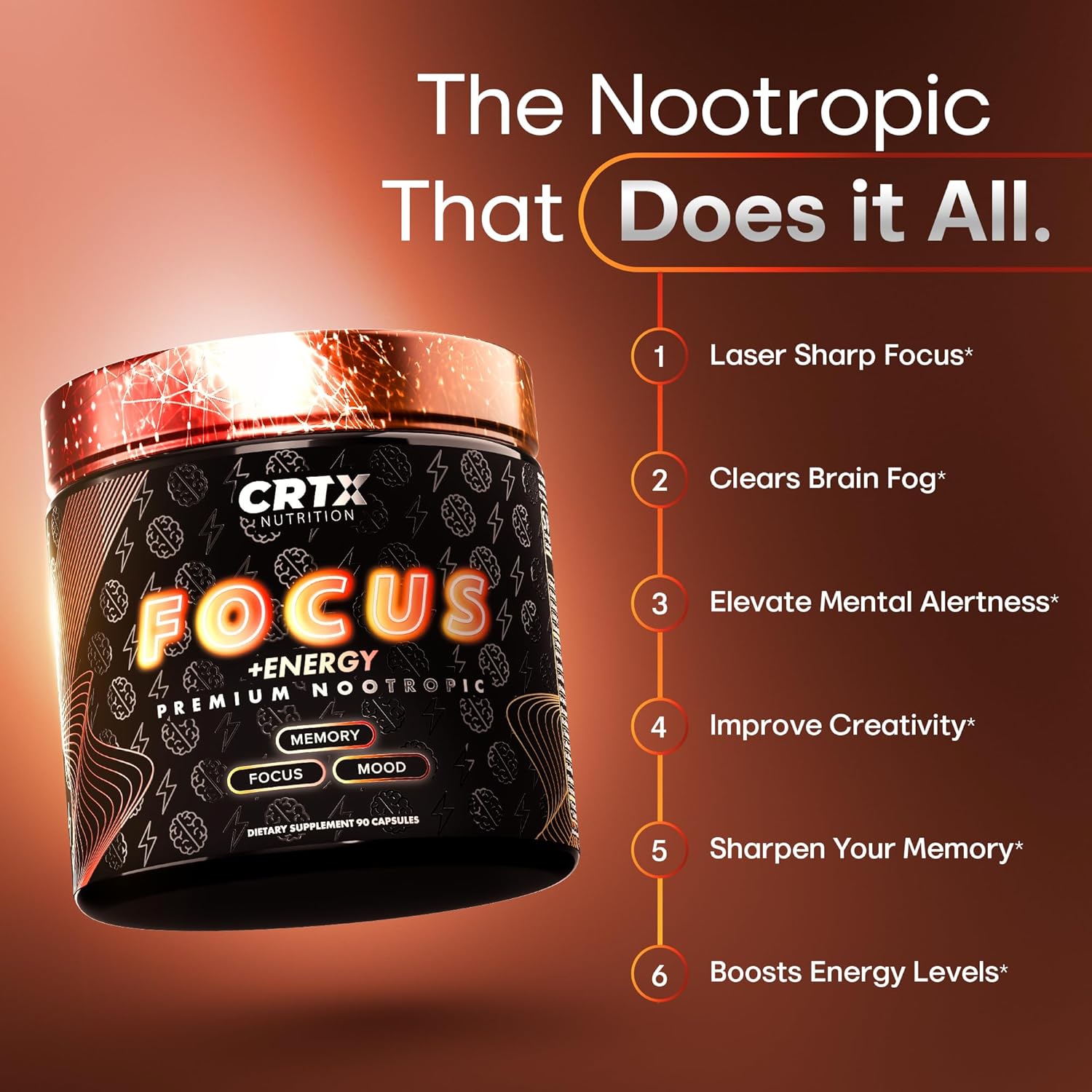 Premium Nootropic Brain Supplements for Memory, Energy, and Focus - 90ct - Cognitive Supplement with 14-in-1 Brain Energy Blend - Supports Memory and Mental Clarity