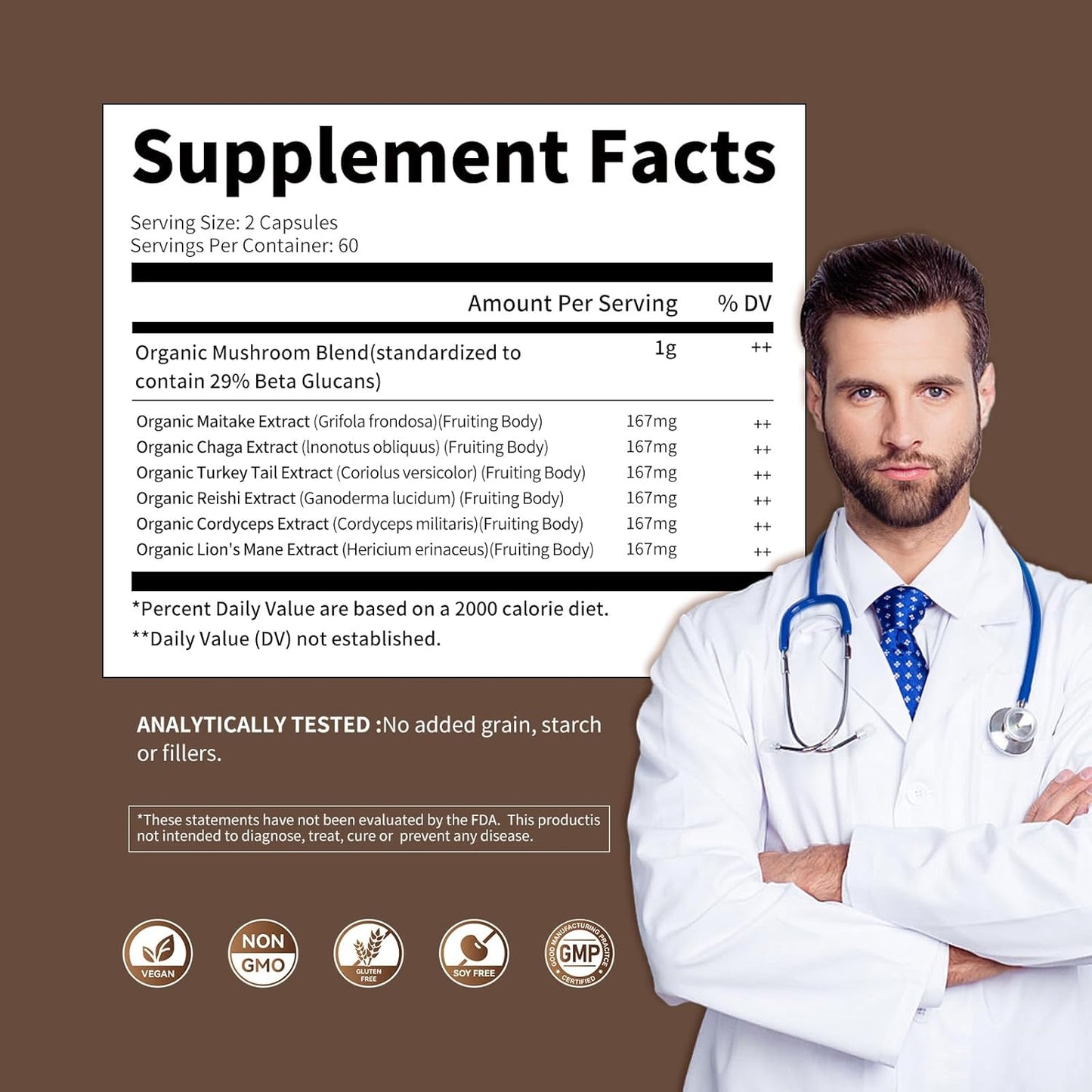 Premium Nootropic Mushroom Complex Supplement - 10 Mushrooms Blend for Brain, Energy, and Focus - 2600mg, 120 Capsules