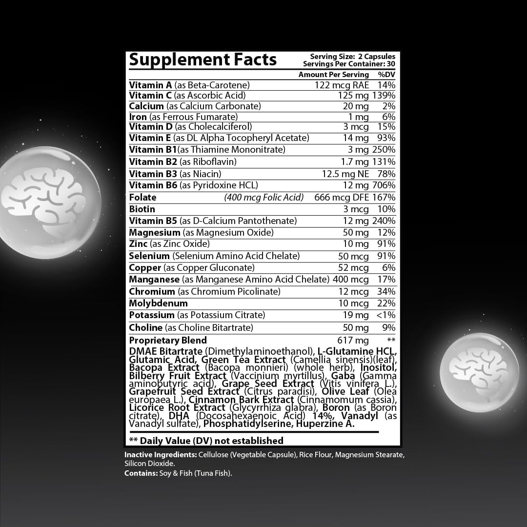 Premium Nootropic Supplement for Concentration, Brain & Memory Support - 40 Unique Ingredients including DMAE, Choline & Bacopa Monnieri