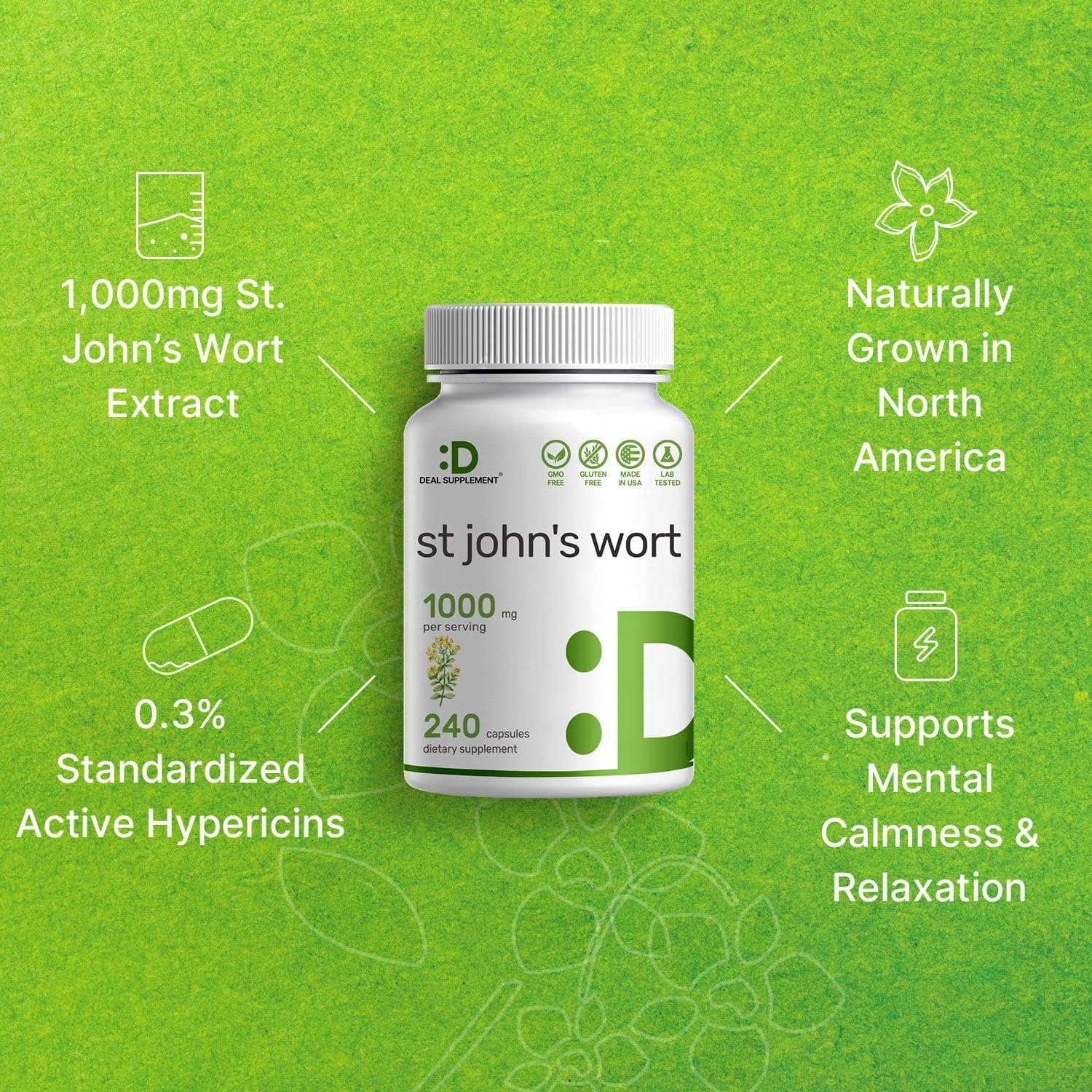 Premium North American St. John's Wort Extract Capsules - 1000mg, 240 Count, High Hypericins Content