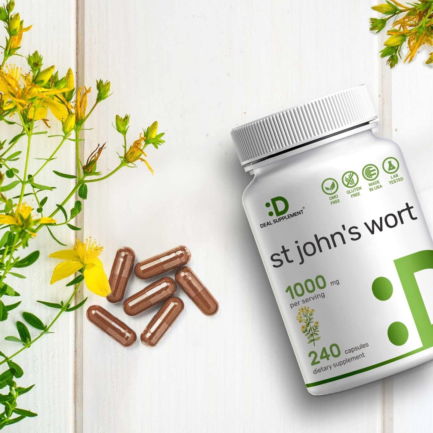 Premium North American St. John's Wort Extract Capsules - 1000mg, 240 Count, High Hypericins Content