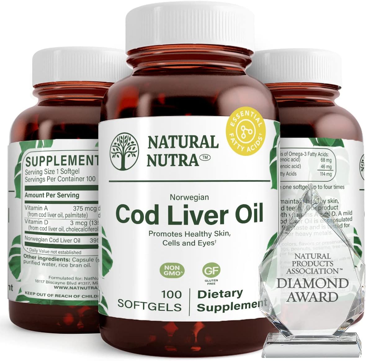 Premium Norwegian Cod Liver Oil Supplement for Skin, Body, Eyes, Teeth, Heart - 100 Softgels by Natural Nutra