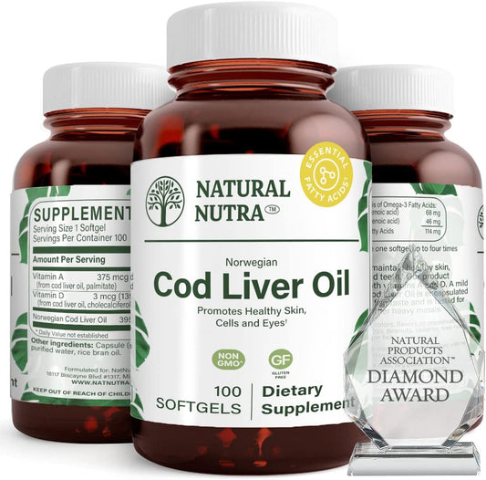 Premium Norwegian Cod Liver Oil Supplement for Skin, Body, Eyes, Teeth, Heart - 100 Softgels by Natural Nutra