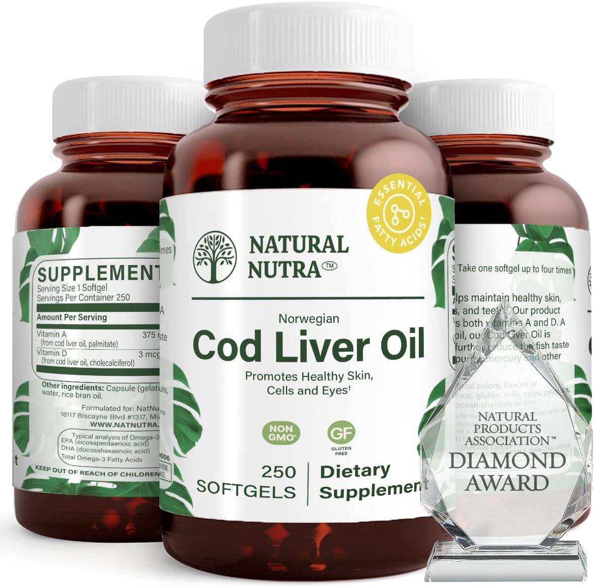 Premium Norwegian Cod Liver Oil Supplement for Skin, Body Density, Eye and Dental Health, Cardiovascular Support - 250 Softgels by Natural Nutra