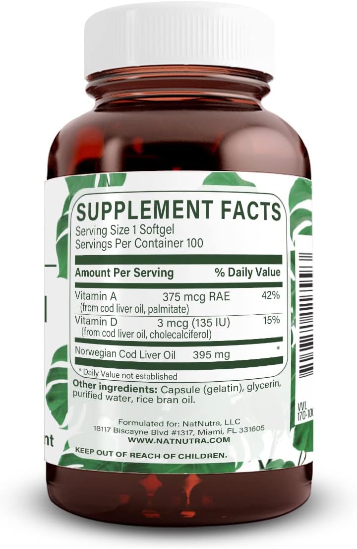 Premium Norwegian Cod Liver Oil Supplement for Skin, Body, Eyes, Teeth, Heart - 100 Softgels by Natural Nutra