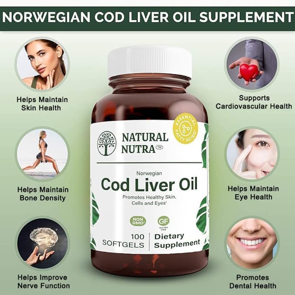 Premium Norwegian Cod Liver Oil Supplement for Skin, Body, Eyes, Teeth, Heart - 100 Softgels by Natural Nutra