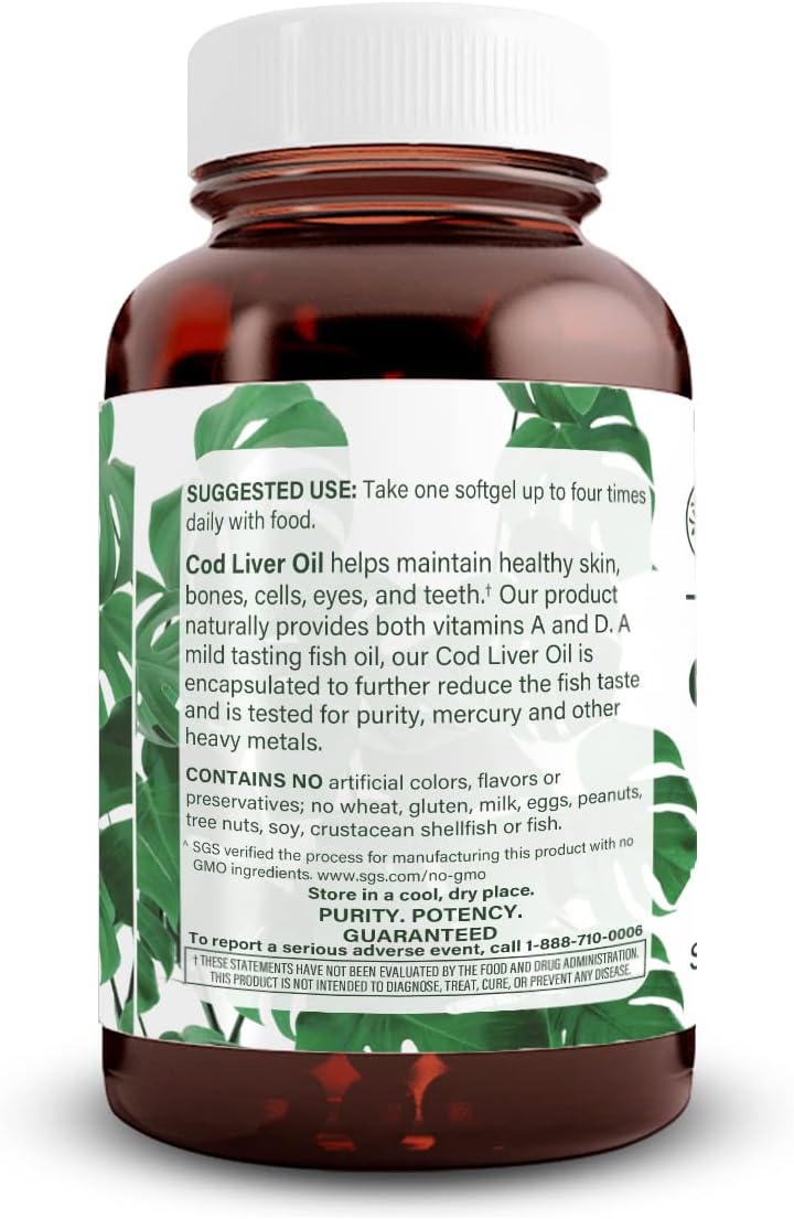 Premium Norwegian Cod Liver Oil Supplement for Skin, Body Density, Eye and Dental Health, Cardiovascular Support - 250 Softgels by Natural Nutra