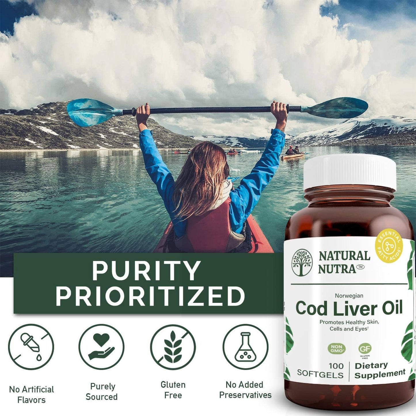 Premium Norwegian Cod Liver Oil Supplement for Skin, Body, Eyes, Teeth, Heart - 100 Softgels by Natural Nutra