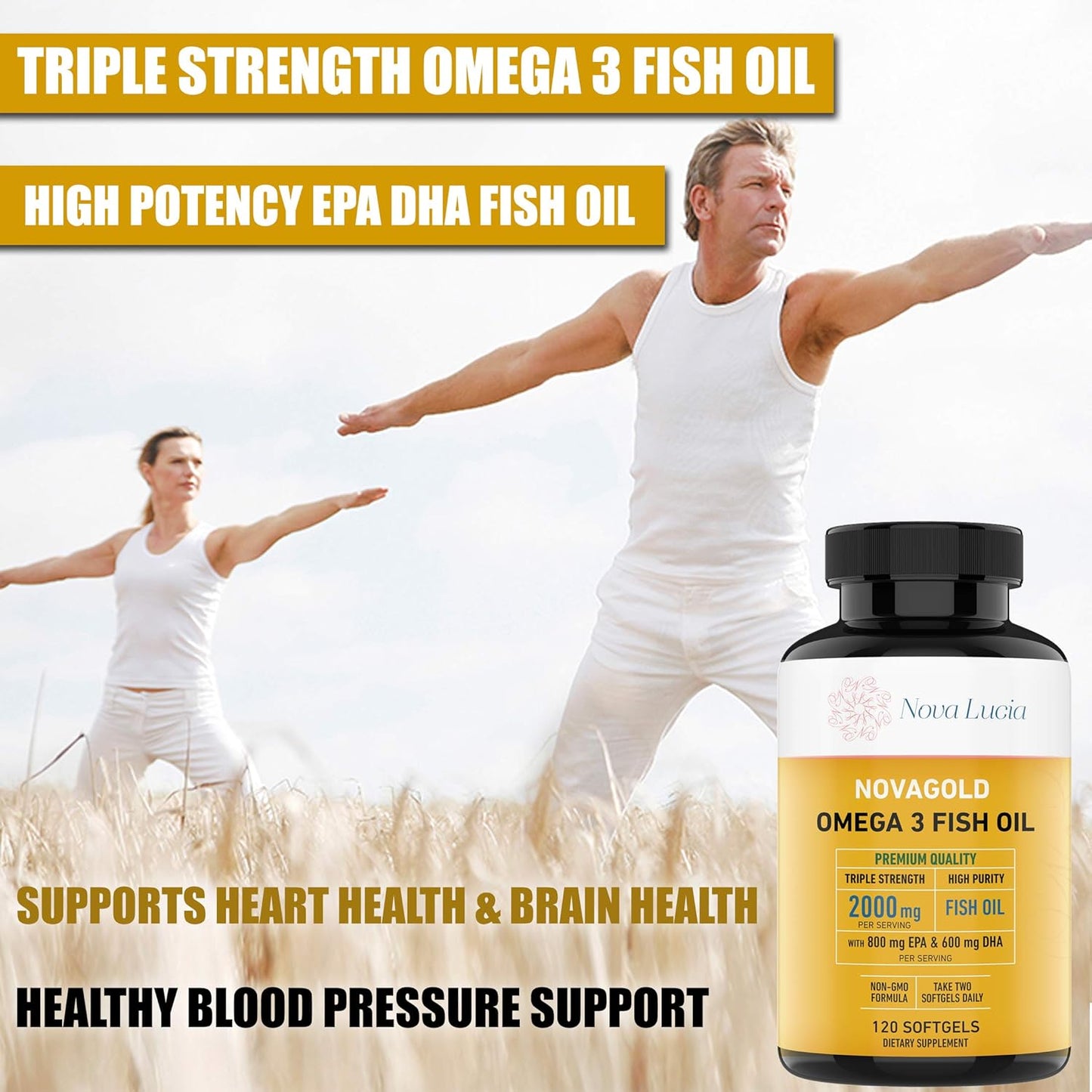 Premium Nova Lucia Omega 3 Fish Oil Supplement 2000mg - Heart, Brain, Hair, Immune Support - High Potency EPA & DHA Vitamin E - Non-GMO, 120 Softgels