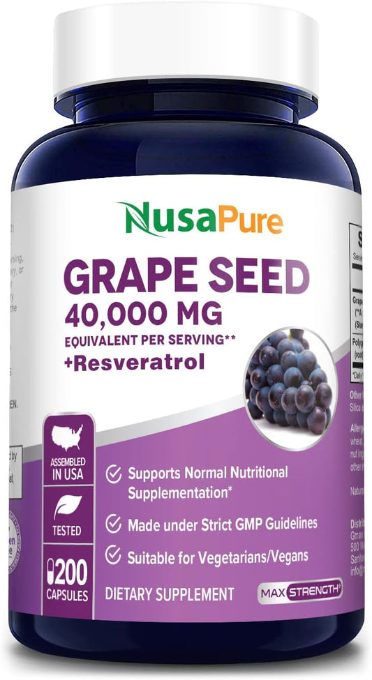 Premium NusaPure Grape Seed Extract Capsules - 40,000mg, 200 Vegan Caps, Standardized, Non-GMO, Gluten Free, Resveratrol Formula