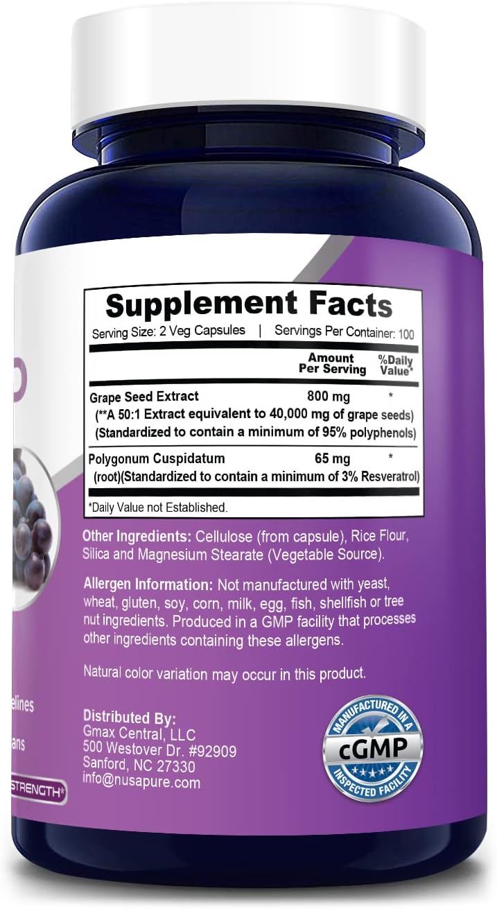 Premium NusaPure Grape Seed Extract Capsules - 40,000mg, 200 Vegan Caps, Standardized, Non-GMO, Gluten Free, Resveratrol Formula