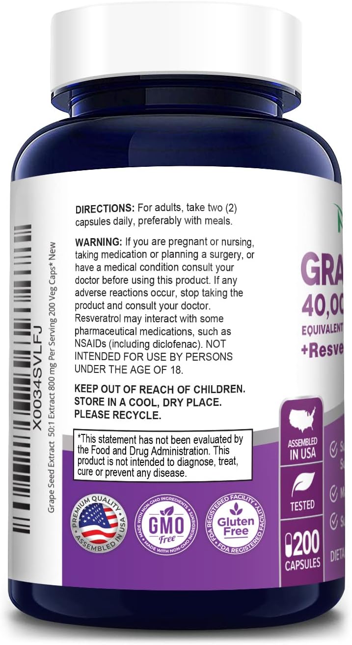 Premium NusaPure Grape Seed Extract Capsules - 40,000mg, 200 Vegan Caps, Standardized, Non-GMO, Gluten Free, Resveratrol Formula
