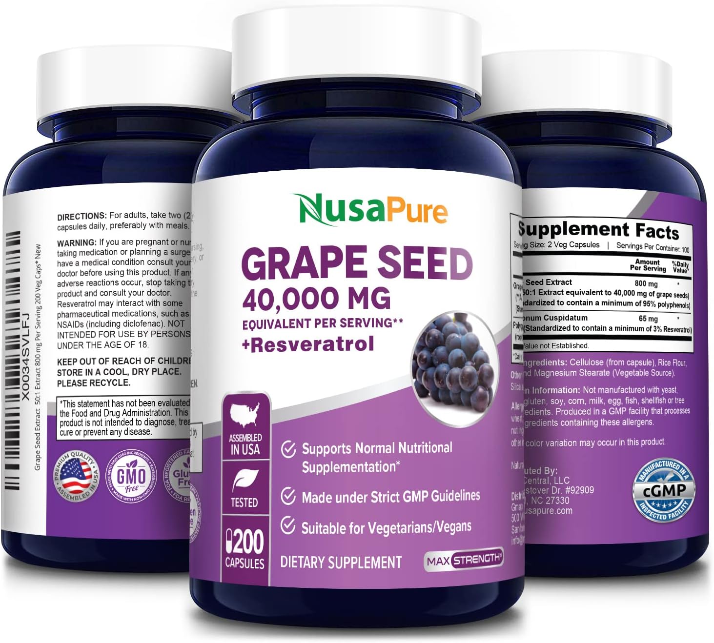 Premium NusaPure Grape Seed Extract Capsules - 40,000mg, 200 Vegan Caps, Standardized, Non-GMO, Gluten Free, Resveratrol Formula