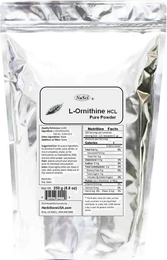 Premium NuSci L-Ornithine Powder 250g (8.8 oz) - High Quality AJI Grade Supplement
