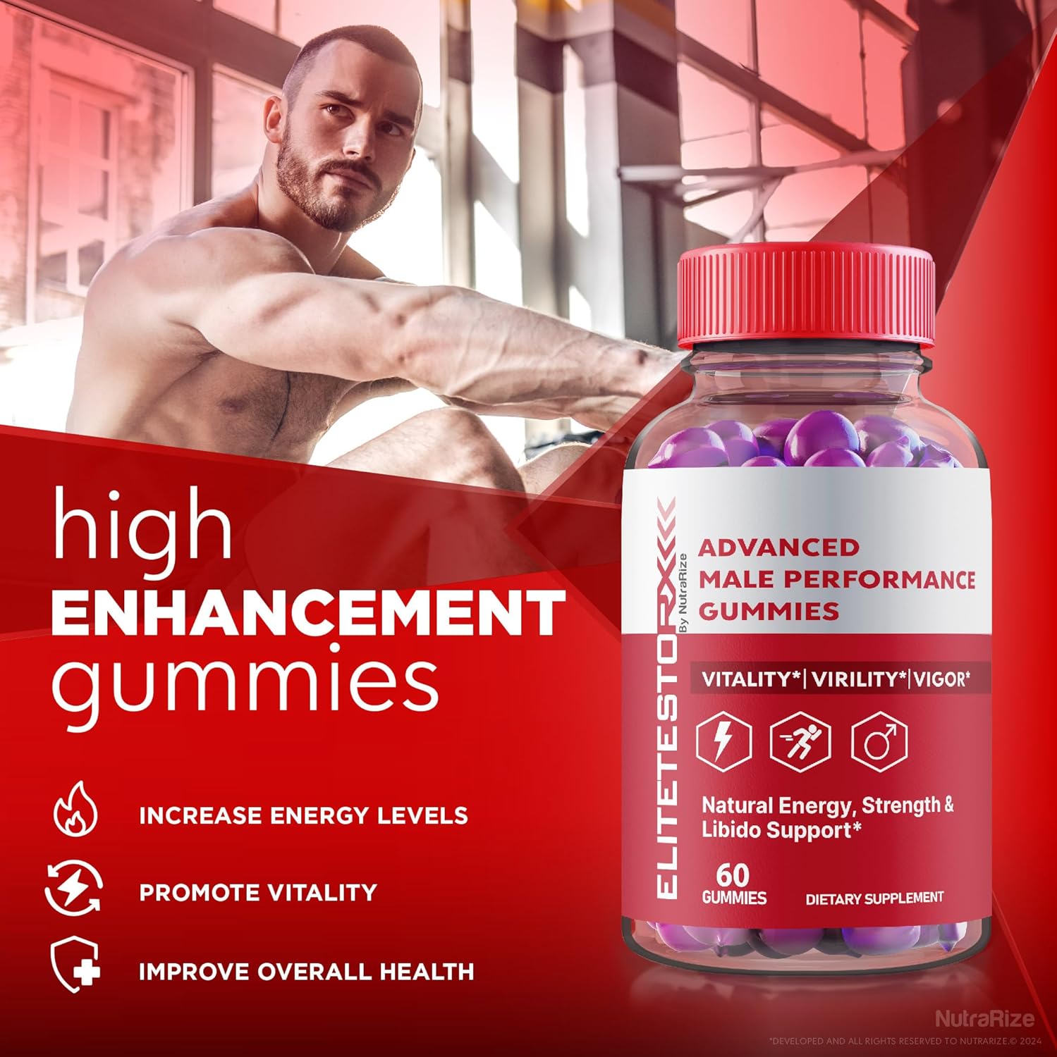Premium NutraRize Elite Testo Rx Gummies for Men - All Natural Male Formula Supplement for Overall Health - Official Reviews (60 Gummies)