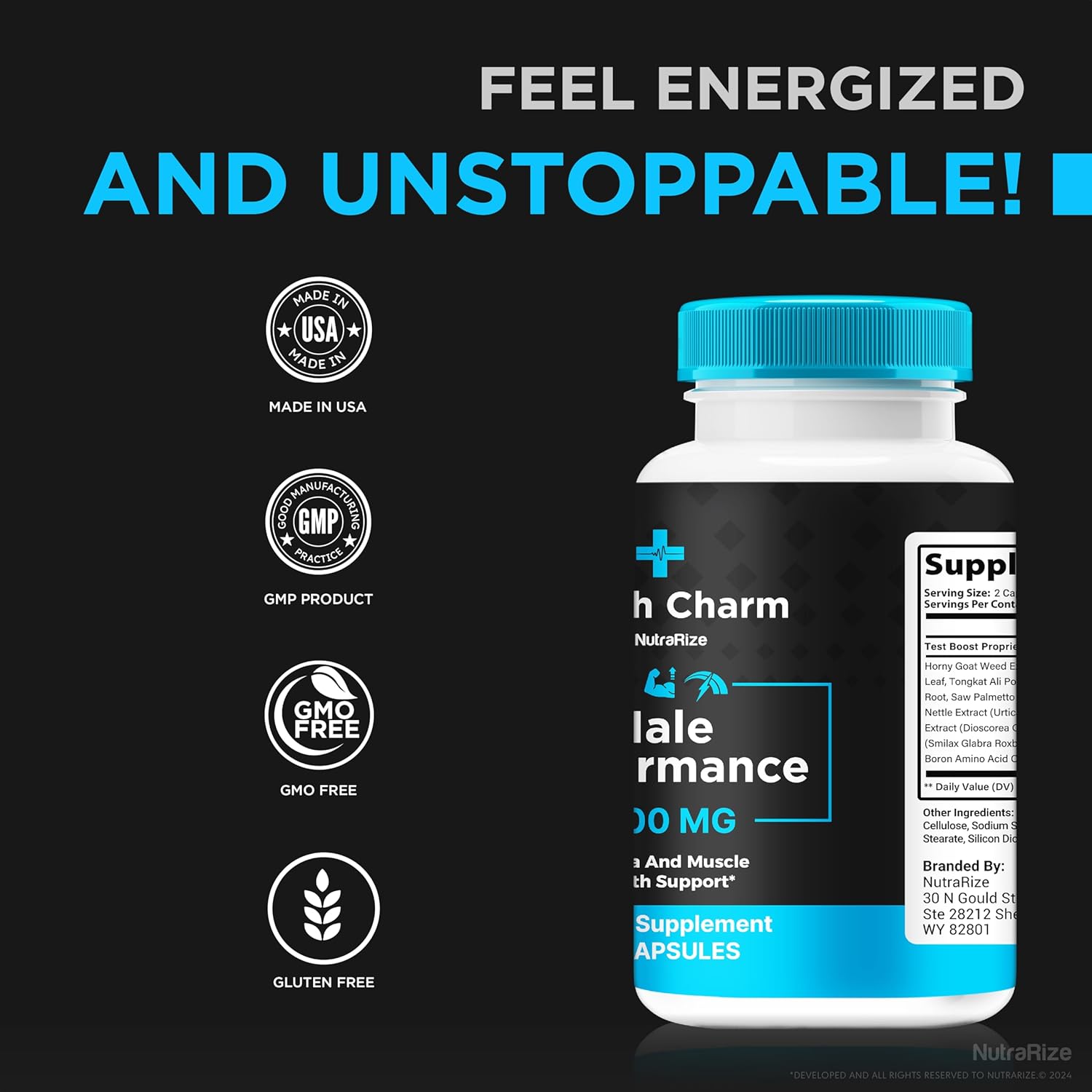 Premium NutraRize Health Charm Pills for Men - All Natural Formula to Boost Blood Flow & Energy Levels - 60 Capsules