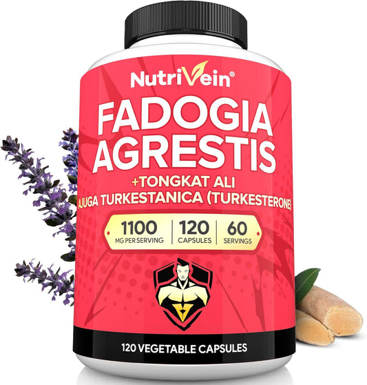 Premium Nutrivein Fadogia Agrestis, Tongkat Ali & Turkesterone Supplement - Boost Performance, Strength, & Recovery - 1100mg