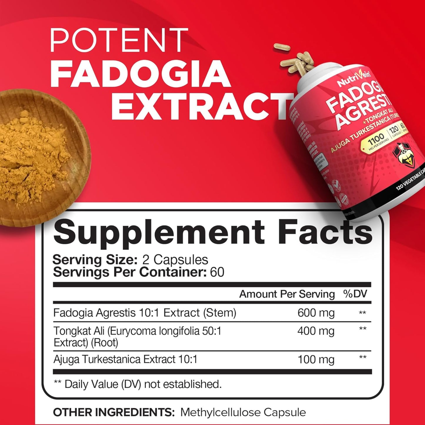 Premium Nutrivein Fadogia Agrestis, Tongkat Ali & Turkesterone Supplement - Boost Performance, Strength, & Recovery - 1100mg