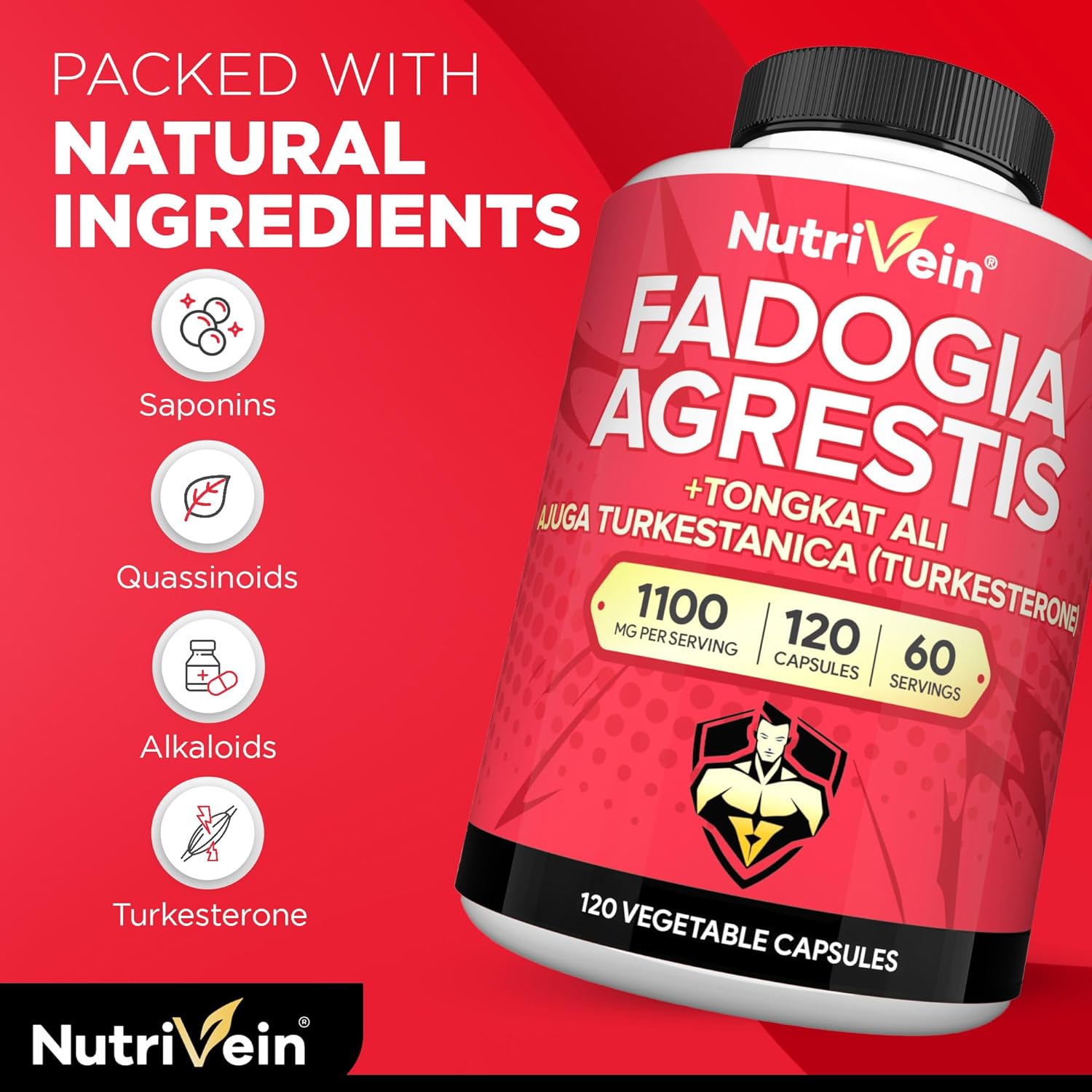 Premium Nutrivein Fadogia Agrestis, Tongkat Ali & Turkesterone Supplement - Boost Performance, Strength, & Recovery - 1100mg