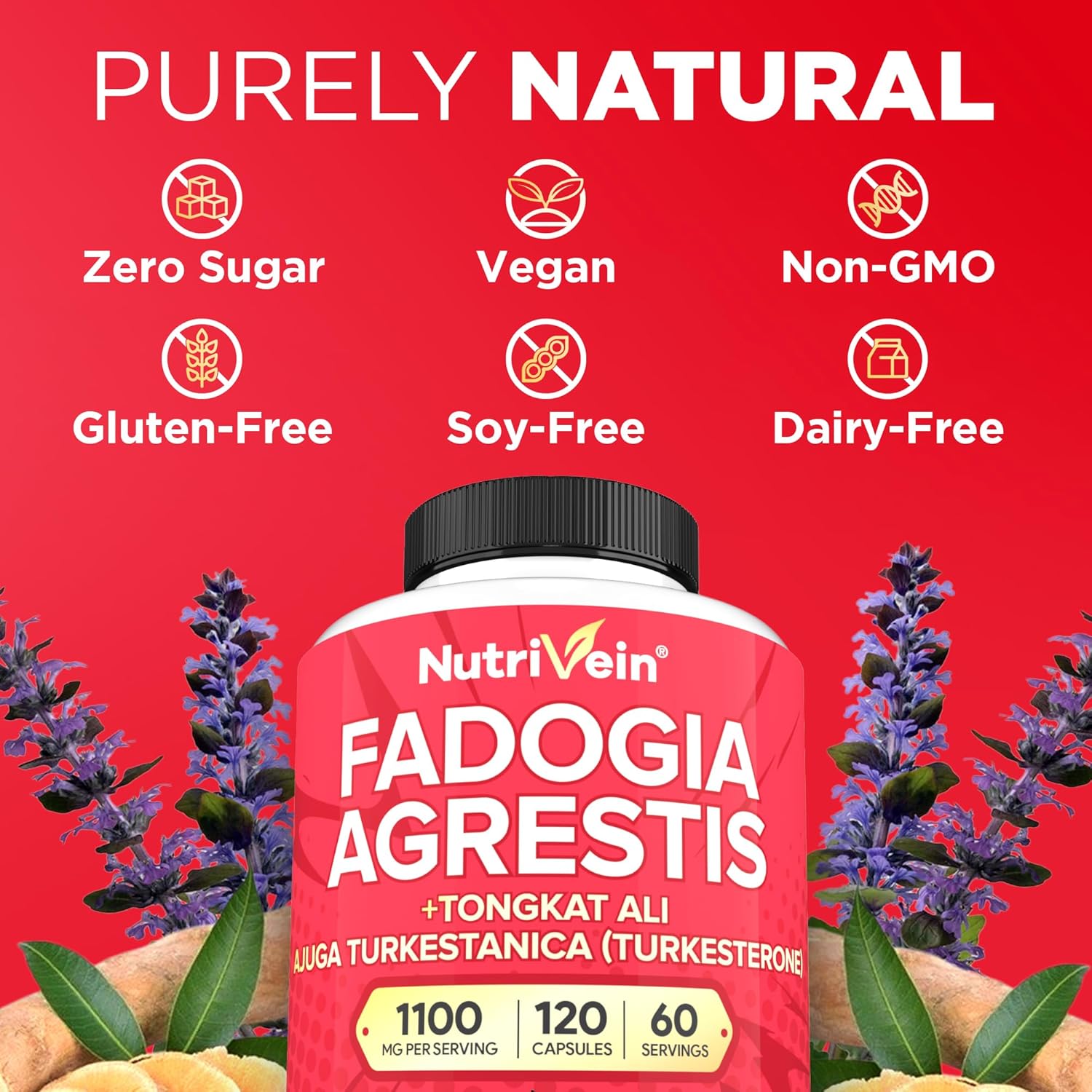 Premium Nutrivein Fadogia Agrestis, Tongkat Ali & Turkesterone Supplement - Boost Performance, Strength, & Recovery - 1100mg