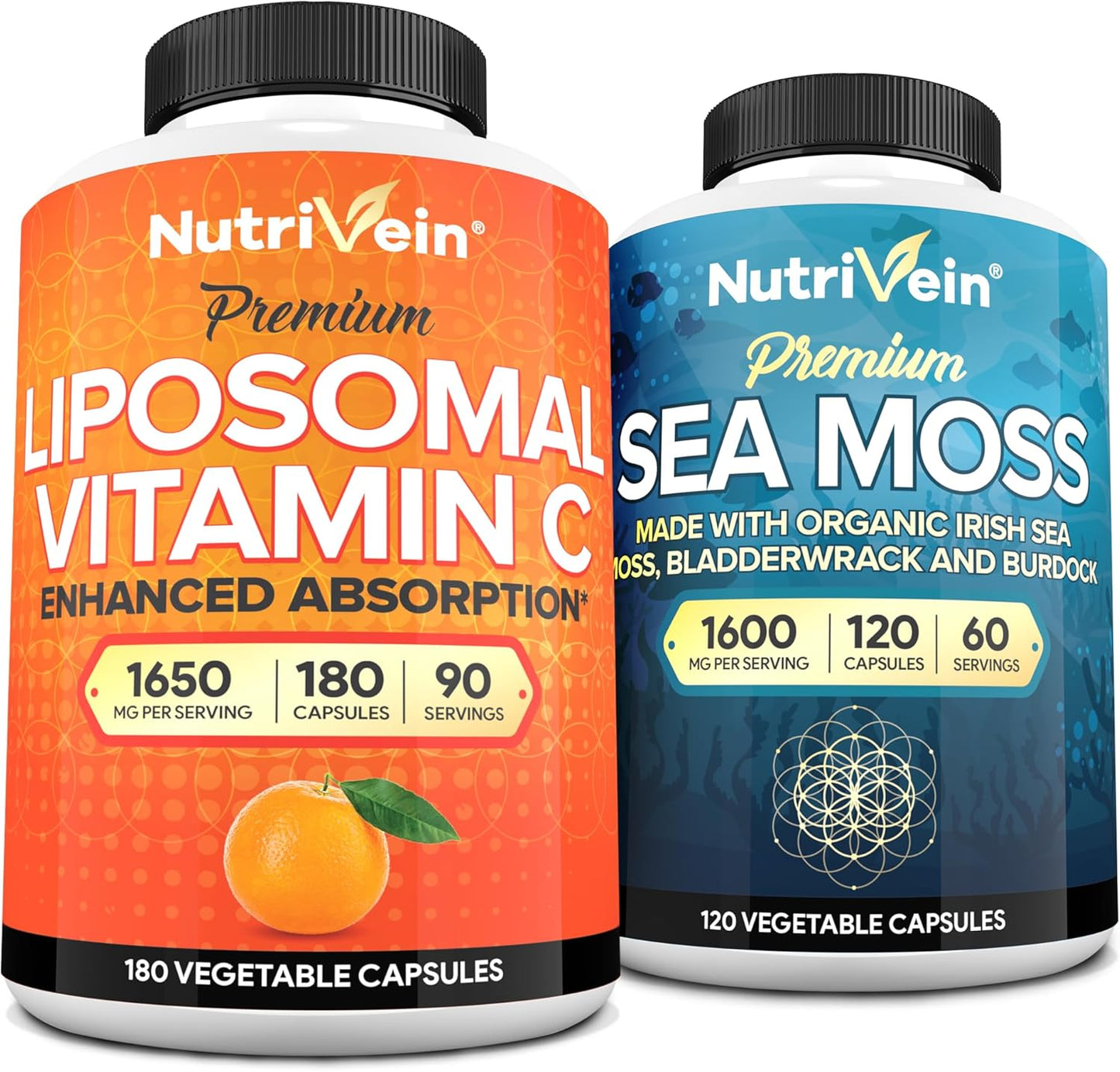 Premium Nutrivein Sea Moss & Vitamin C Bundle: Liposomal Vitamin C Capsules & Irish Sea Moss for Digestive Health, Antioxidant Defense, and Immune Boosting