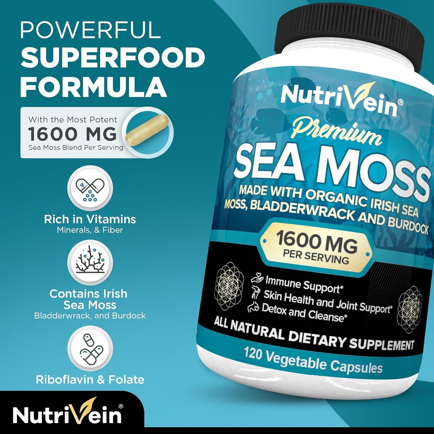 Premium Nutrivein Sea Moss & Vitamin C Bundle: Liposomal Vitamin C Capsules & Irish Sea Moss for Digestive Health, Antioxidant Defense, and Immune Boosting