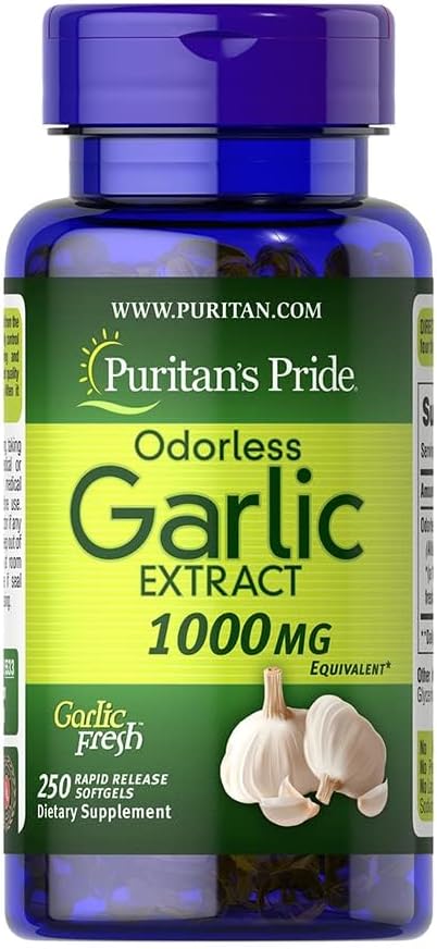 Premium Odorless Garlic Softgels - 10mg (1000mg Equiv.) Heart & Circulation Support Supplement with Antioxidants - 250 Rapid Release